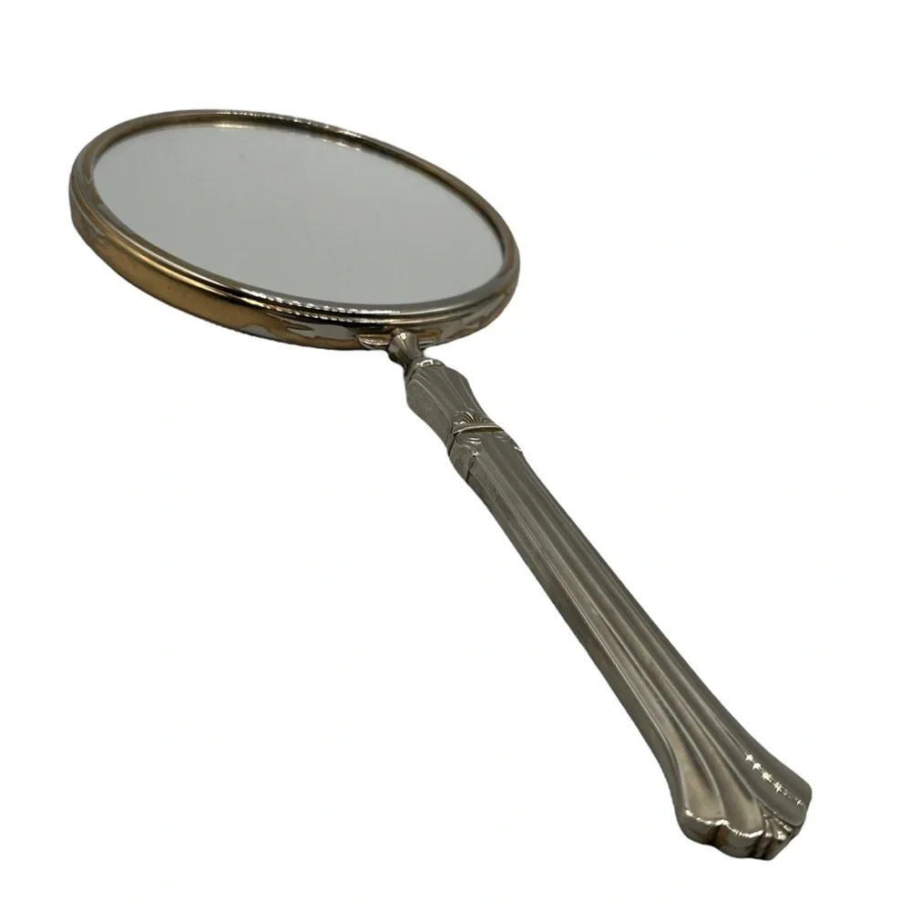 Vintage Hollywood Regency Brass Plated Magnifying 2 Sided Hand Mirror Vanity